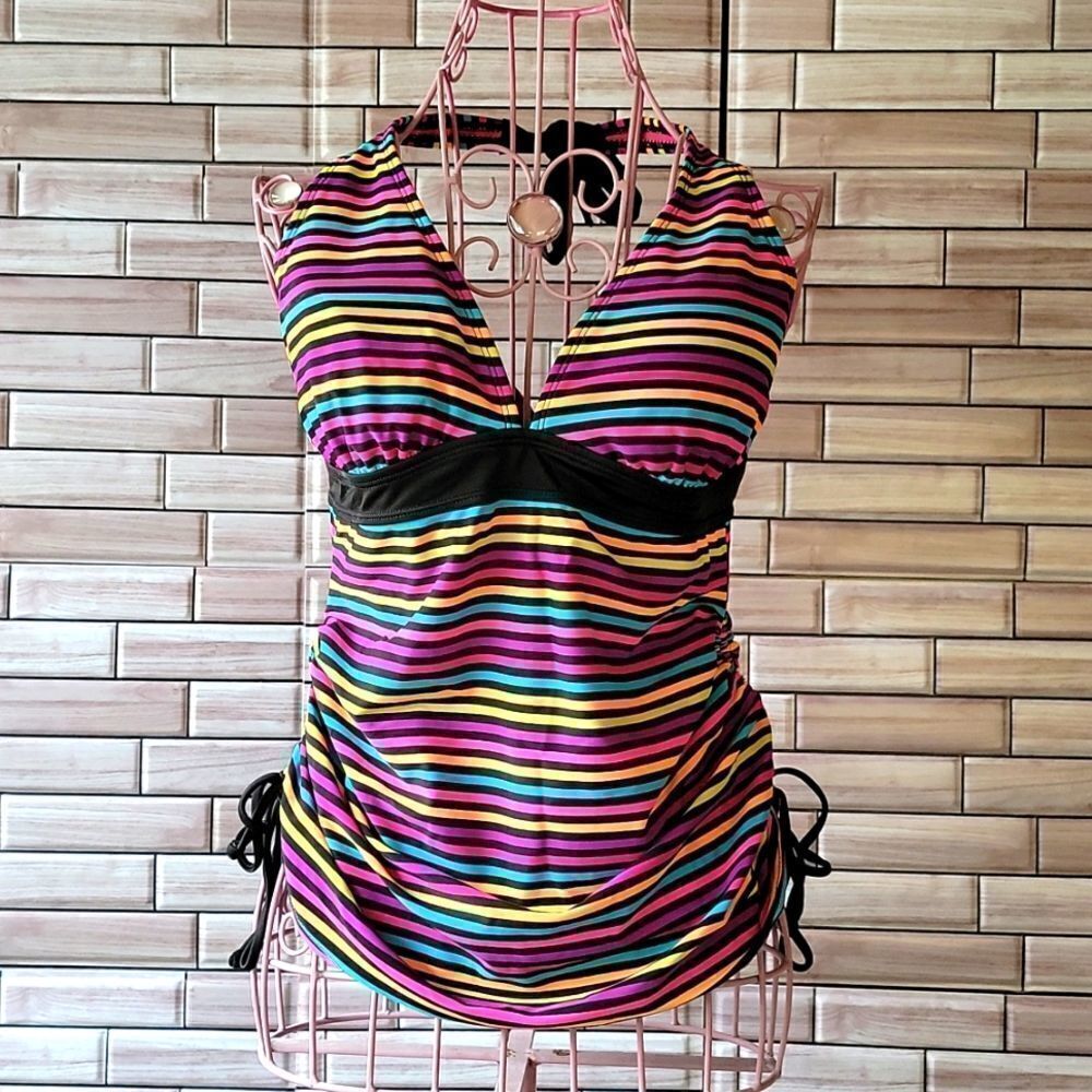 Joe Boxer Tankin swimsuit halter top Multicolor Striped Womens Size L